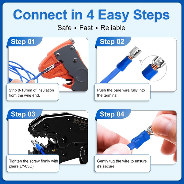 Baomain 0.11" Red Female Insulated Spade Wire Connector Electrical Crimp Terminal 18-22 AWG 2.8 X 0.5Mm (100PCS)