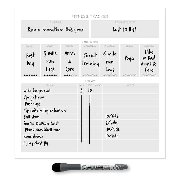 Dry Erase Whiteboard Fitness Tracker | Removeable and Restickable Adhesive Decal | Fine-Tip Magnetic Marker Included | 12" X 12" (White)