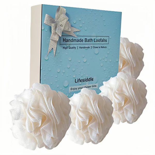 Loofah-Bath Sponge Set-Large, 4 Pack Bath Scrubbers, Soft Mesh White Puff-Cleansing Body Scrub for Men and Women: Skin Soothing Exfoliation Tools