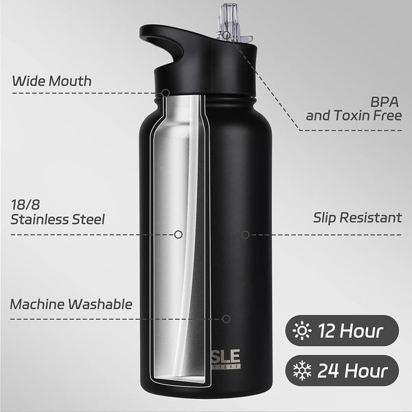 HASLE OUTFITTERS 32 Oz Insulated Water Bottle Stainless Steel Double Walled Vacuum Sports Water Bottle with 2 Lids (Straw and Spout Lid) for Gym