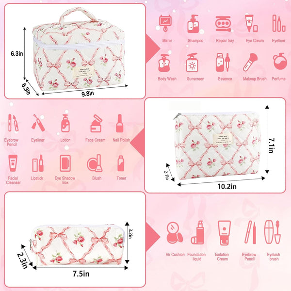 3Pcs Cotton Quilted Makeup Bag for Women Girls Large Small Travel Floral Cosmetic Bags Set Cute Coquette Pink Makeup Pouch for Purse Aesthetic