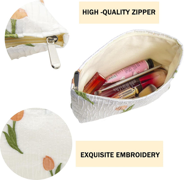 2 Pcs Makeup Bags, Large Cosmetic Bag Travel Toiletry Bag Organizer for Women, Embroidery Craft, Floral Makeup Bag Small Cosmetic Pouch Purse with