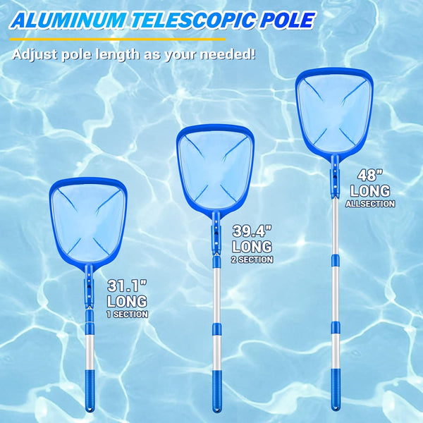 Pool Skimmer - Pool Net with 3 Section Pole, 48 Inch Pool Skimmer Net with Pole Total Length, Pool Nets for Cleaning, Fine Mesh Net Pool Skimmer