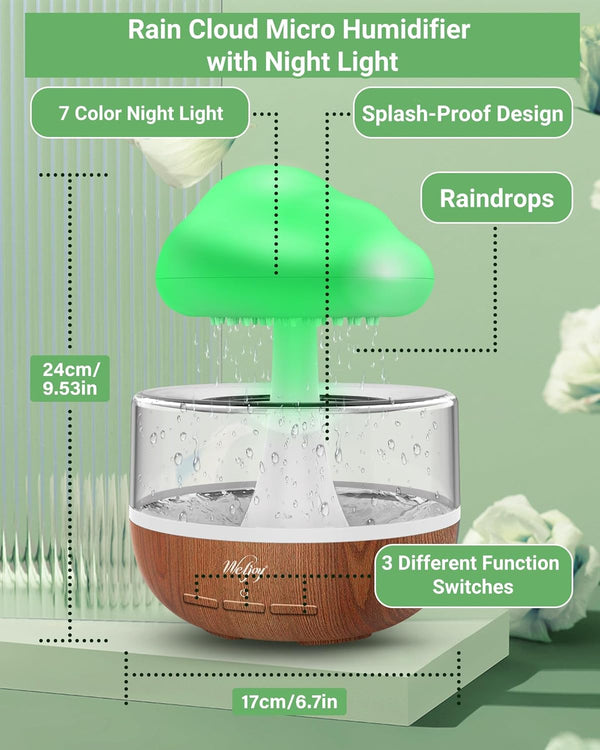 Weljoy Zen Raining Cloud Night Light Aromatherapy Essential Oil Diffuser Micro Humidifier Desk Fountain Bedside Sleeping Relaxing Mood Water Drop