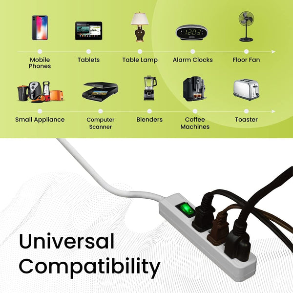 Go Green Power Inc. 2.5Ft 3-Outlet Power Strip - Compact, Durable, Ideal for Travel & Home Use with Right-Angled Plug and Circuit Breaker - GG-13002MS