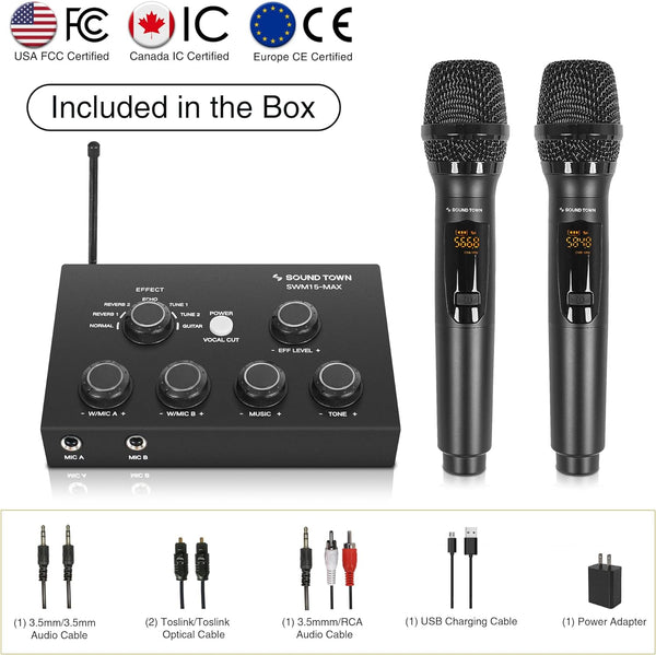 Sound Town 16 Channels Wireless Microphone Karaoke Mixer System W/ 2 Wireless Mics, HD ARC, Optical (Toslink), AUX, Supports Smart TV, Media Box,