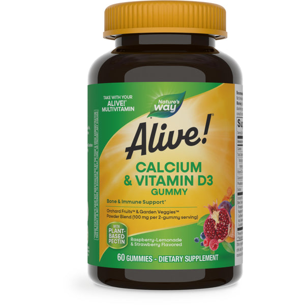 Nature'S Way Alive! Daily Calcium & Vitamin D3 Gummies, Bone Support*, Immune Support*, Strawberry and Raspberry- Lemonade Flavored, 60 Gummies