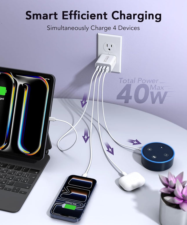 40W USB C Charger Block, 2-Pack 4-Port Type C Fast Charging Brick Dual PD&QC Wall Plug Adapter Compatible for Iphone 16/