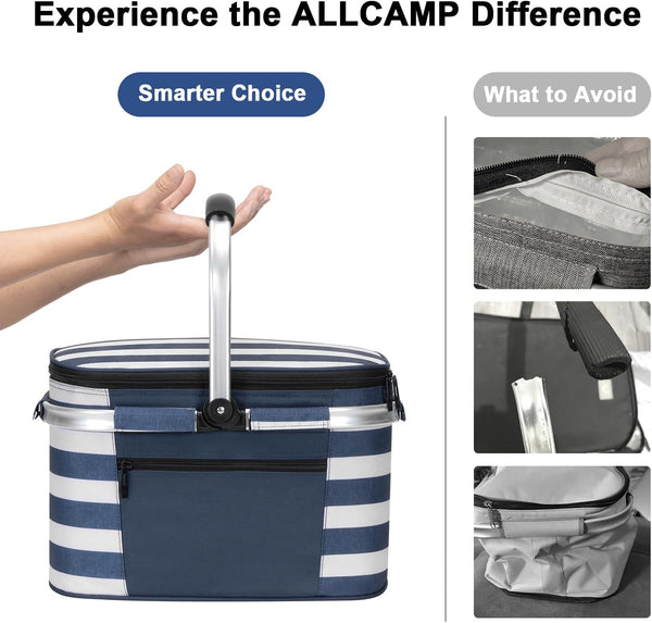 ALLCAMP Insulated Picnic Baskets Shoping Basket Cooler Bag Collapsible Portable Picnic Basket (Blue White Stripe)