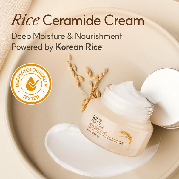 The Face Shop Rice Ceramide Moisturizing Cream - Rice Extract + Rice Bran Oil - Hydrating Targets Dryness, Brightening - Dermatologically Tested -