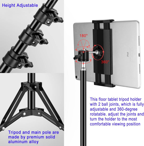 Ipad Tripod Stand, with 65 Inch Height Adjustable Ipad Stand Holder & Ipad Floor Stand with 360Â° Rotating Ipad Tripod Mount for Ipad Pro, Iphone,