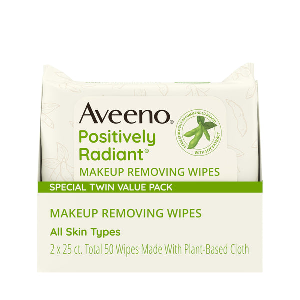 Aveeno Positively Radiant Oil-Free Makeup Removing Face Wipes to Help Even Skin Tone and Texture with Moisture-Rich Soy Extract, Gentle Facial