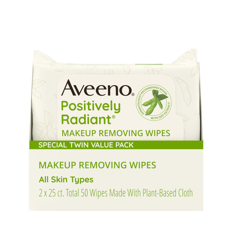 Aveeno Positively Radiant Oil-Free Makeup Removing Face Wipes to Help Even Skin Tone and Texture with Moisture-Rich Soy Extract, Gentle Facial