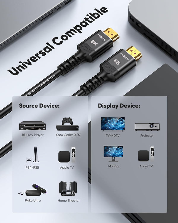 Highwings HDMI Cable 15 FT Long, 4K 8K 10K HDMI 2.1 Cord Ultra High Speed [In-Wall CL3 Rated, 8K@60Hz 4K@120Hz Video 48Gbps], Fit, Durable,