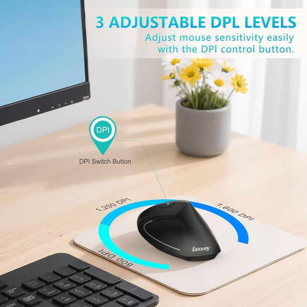 Lekvey Ergonomic Mouse, Vertical Wireless Mouse - Rechargeable 2.4Ghz Optical Vertical Mice : 3 Adjustable DPI 800/1200/1600 Levels 6 Buttons, for