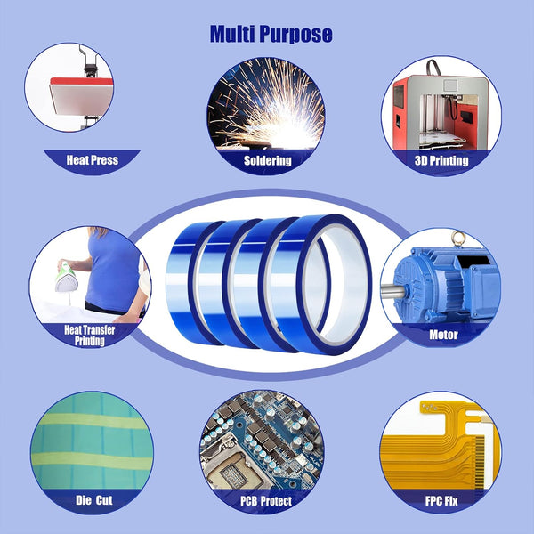 4 Rolls 20Mm X33M(108Ft) Blue Heat Tape High Temperature Heat Resistant Tape Heat Transfer Tape for Heat Sublimation Press Vinyl,No Residue