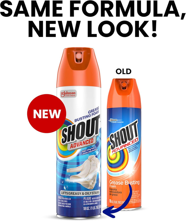 Shout Advanced Grease Busting Foam, Laundry Stain Remover, Oil and Grease Stain Remover for Clothes Laundry; Works on Motor Oil, Bike Grease,
