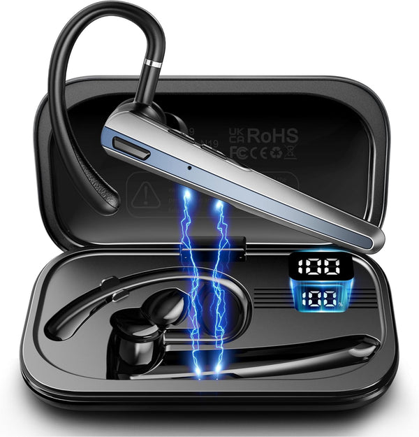 Bluetooth Headset with Microphone, Wireless Earpiece with Charging Case for Cellphones, PC, Single Ear Headset with Mute for Trucker Driver,