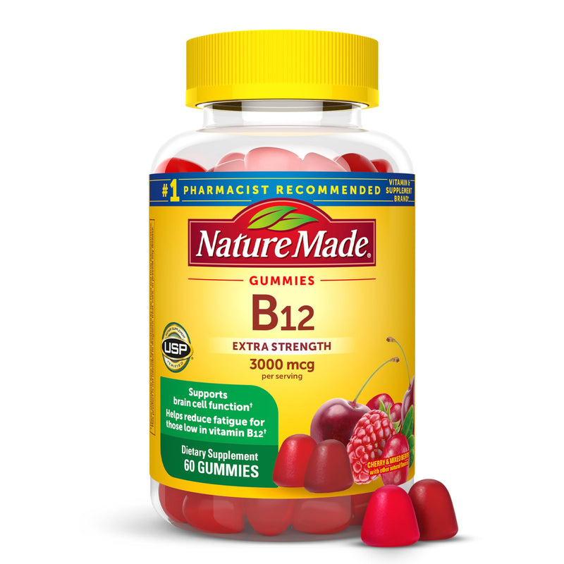 Nature Made Extra Strength Vitamin B12 Gummies, 3000 Mcg per Serving, B12 Vitamin Supplement for Energy Metabolism Support, 60 Gummy Vitamins, 30