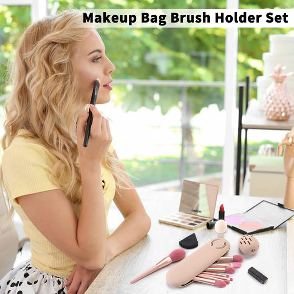 Silicone Makeup Brush Holder and Makeup Sponge Holder Set, Blender Case Organizer, Powder Puff Case with Sponge & Brushes for Travelling(Black 7 Pcs)