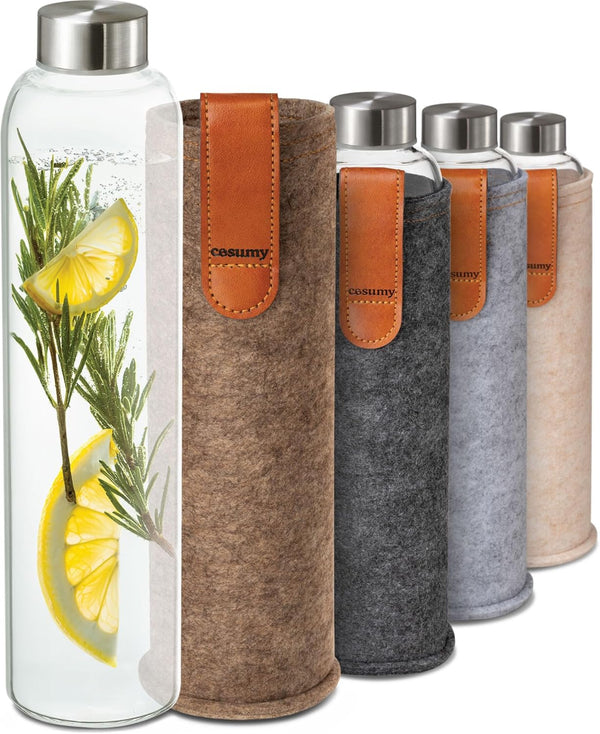 Glass Water Bottle 25Oz with Felt Sleeve - Borosilicate Glass - Leakproof Lid - BPA Free - Ideal for Work, Travel & Gym (Sand Brown)