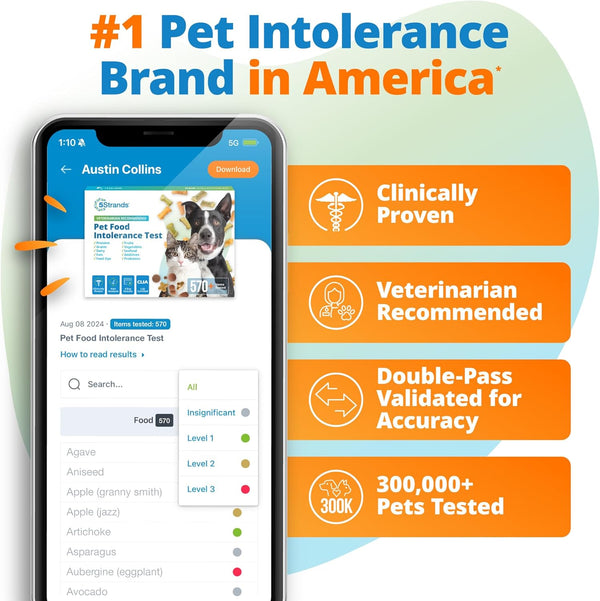 5Strands Pet Food Intolerance Test, at Home Sensitivity Test for Dogs & Cats, 270 Items, Hair Analysis, Accurate for All Ages & Breeds, Pet Gut