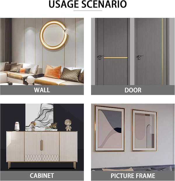 Glossy Gold Peel and Stick PVC Molding Trim, Flexible DIY Wall Accent Strip for Mirror Frame, Cabinet, Edges & Borders and Tiles (394''L X 0.8''W)