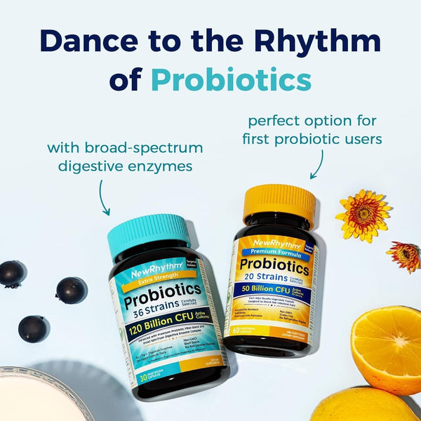 Newrhythm Probiotics 120 Billion CFU 36 Strains, 3-In-1 Probiotics for Digestive Health & Immune Support with Prebiotics & Enzymes, Probioticos