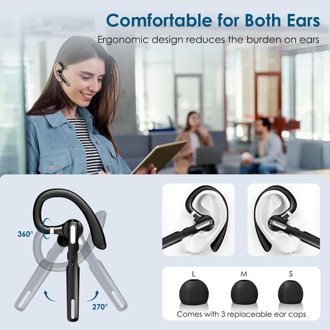 Bluetooth Headset, Wireless Bluetooth Earpiece V5.0 Hands-Free Earphones with Built-In Mic for Driving/Business/Office, 