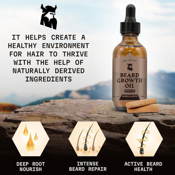 Striking Viking Beard Growth Oil with Biotin - 2 Fl Oz, 1 Pack, Sandalwood - Thickening, Conditioning Biotin Beard Growth Serum for Men with Argan