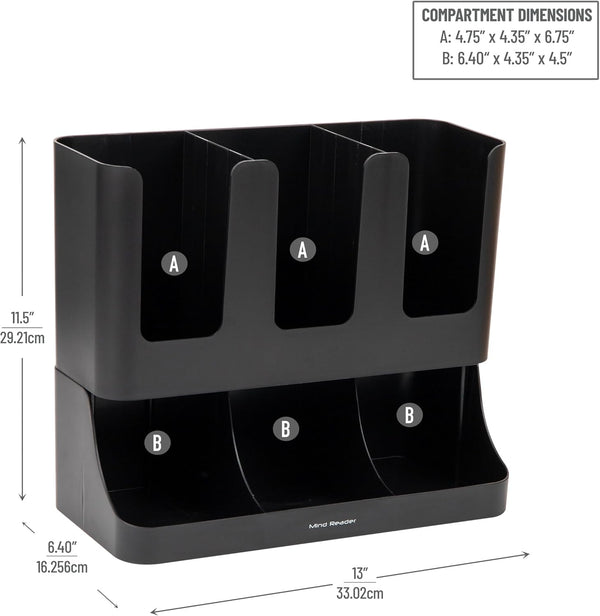 Mind Reader 6 Compartment Upright Breakroom Coffee Condiment and Cup Storage Organizer, Black
