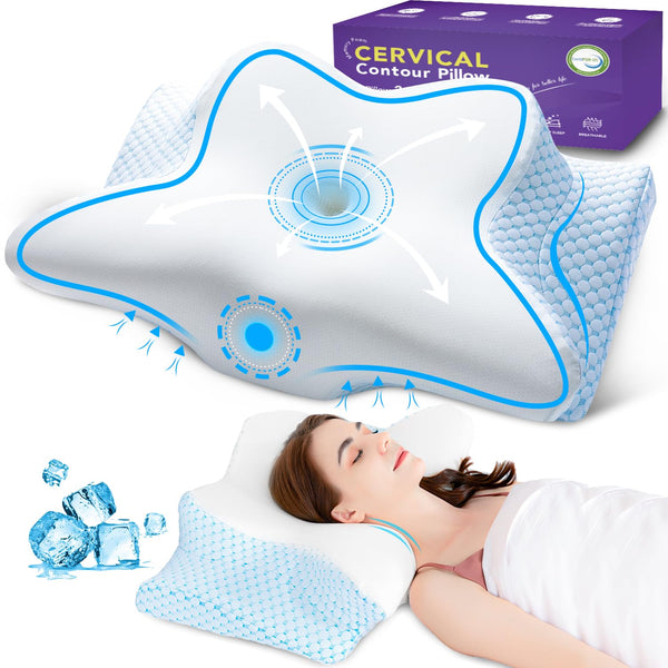 Cool Cervical Neck Pillow for Pain Relief, Ergonomic Contour Side Sleeper Pillow for Adults, Orthopedic Memory Foam Back Stomach Sleepers, 2 in 1