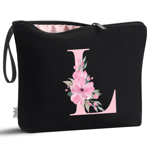 Vavabox A-Z Personalized Makeup Bag, Birthday Gifts for Women Mom, Gifts for Best Friend, Bride Bridesmaid Cosmetic Bag (L, Black)