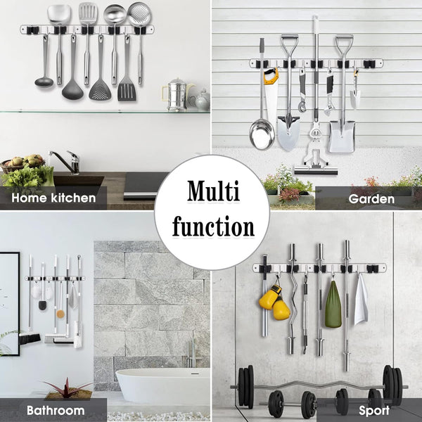 Acemining 5 Racks and 4 Hooks Mop and Broom Holder Wall Mount, Broom Organizer Storage Tool Racks Stainless Steel Heavy Duty Hooks Self Adhesive