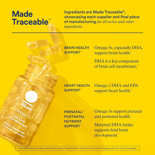 Ritual Omega 3 - Vegan - Science-Backed Dose of DHA & EPA Fatty Acids in 2:1 Ratio, Bioavailable, Brain and Heart Health Support, Minimal