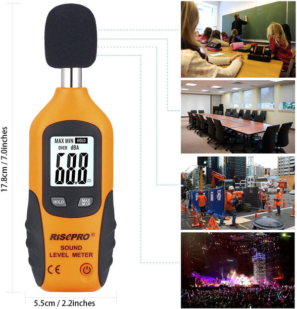 Decibel Meter, RISEPRO® Digital Sound Level Meter 30 – 130 Db Audio Noise Measure Device Backlight MAX/MIN, Data Hold Auto Power off Dual Ranges HT-80A