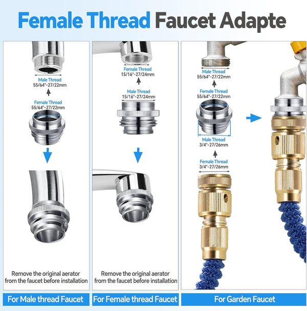 Brass Faucet Adapter, Kitchen Sink Faucet Adapter to Garden Hose, Multi-Thread Garden Hose Adapter for Female to Male, Chrome Finished
