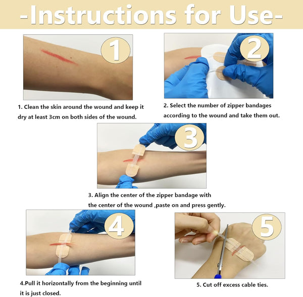Emergency Wound Closures Adhesive Bandages, Zip Stitch Stickers for Camping, Survival & Household Gear, 3 Pcs (45*10Mm, Skin)
