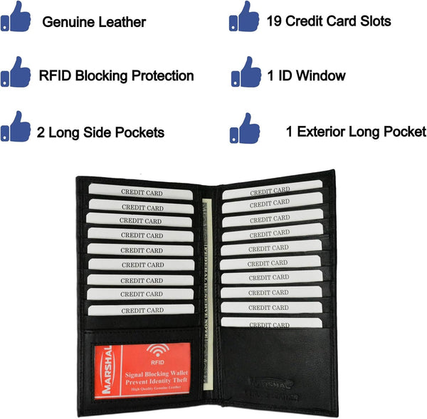 Marshal Bifold Leather RFID Blocking Wallet For Men & Women | Genuine Leather Holder With 19 Slots, 2 Bill Compartments & ID Window For