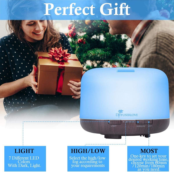 Diffuserlove Essential Oil Diffuser 500ML Aromatherapy Diffuser Mist Humidifiers 7 Color LED Lights Diffusers for Home Office Bedroom (Size:6.7" L