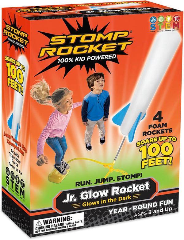 Stomp Rocket Jr Glow Rocket Launcher for Kids - 4 Glow-In-The-Dark Rockets - Outdoor Fun Toy Gift for Boys & Girls - STEM Soft Foam Blaster Set