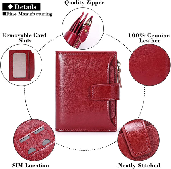 GOIACII RFID Women's Wallet Small Ladies Credit Card Holder Leather with Zipper Pocket 4 ID Windows Wine Wax Red A01 Wax Wine Red