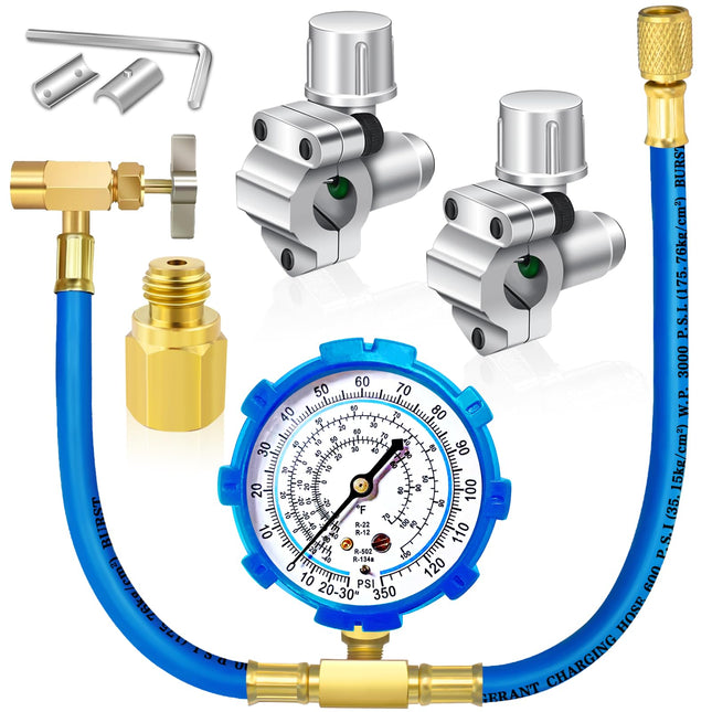 Refrigerator Freon Recharge Hose Kit-R134A R12 R22 Fridge Recharge Tool Kit with 2 BPV31 Bullet Piercing Tap Valves,1 R1
