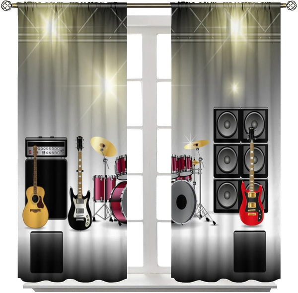 Rock Music Curtains, Teens Boys Electronic Musical Instrument Curtain Guitar Drum Speaker Window Drapes for Bedroom Living Room 42" W X 45" L