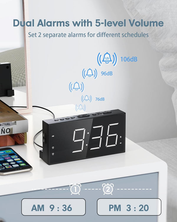 Loud Alarm Clock with Bed Shaker for Heavy Sleeper, Dual Vibrating Alarm Clock with USB Charger for Hearing-Impaired Deaf, 7.5ââ Large LED Display