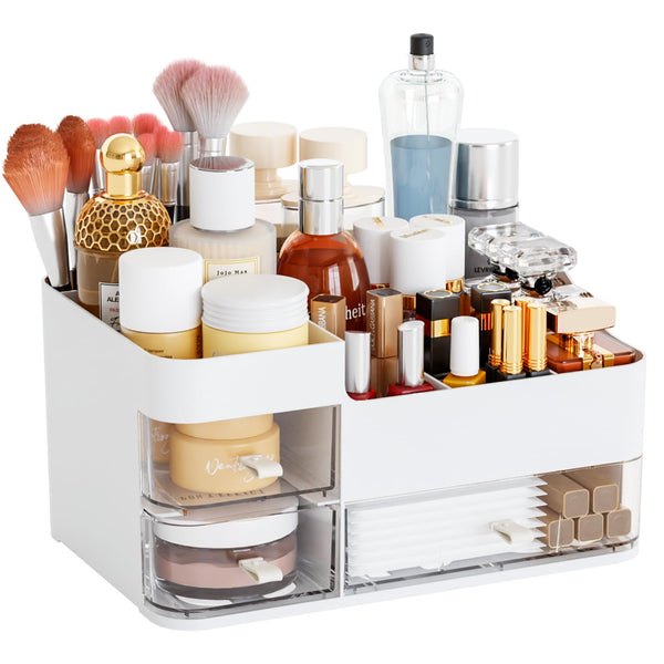 White Makeup Organizer with 3 Drawers, Large Capacity Plastic Cosmetic Storage for Dresser and Vanity, Ideal for Beauty, Perfume, Brushes,