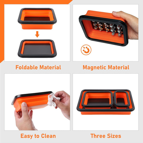 Tahoe Trails Magnetic Tray 3-Piece, Magnetic Parts Tray for Screws, Bolts, Nuts and Other Small Metal Parts and Tools, Tool Tray for Mechanics, Orange