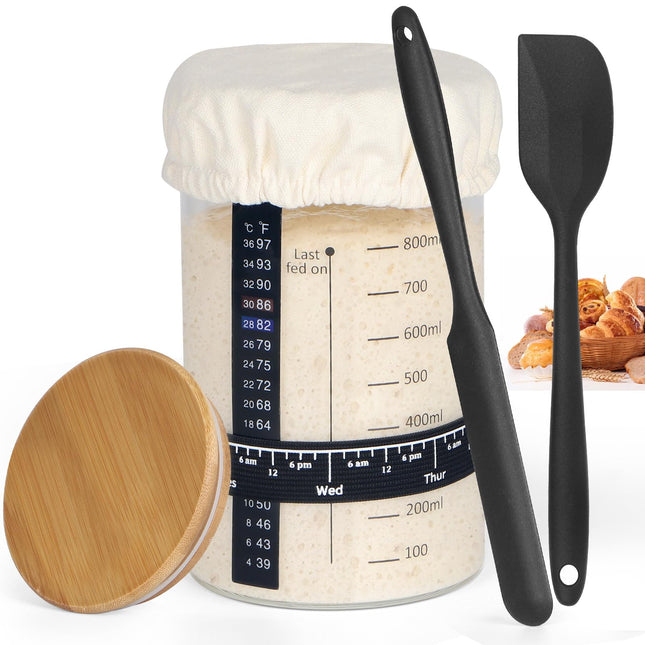 Sourdough Starter Jar Glass, 34 Oz DIY Wide-mouth Pro Sourdough Starter Jar Kit with Silicone Spatula,Cholkboard Sign, h