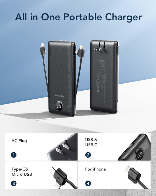 VEGER Portable Charger for Iphone Built in Cables and Wall Plug, 10000Mah Slim Fast Charging USB C Power Bank, Travel Essential Battery Pack