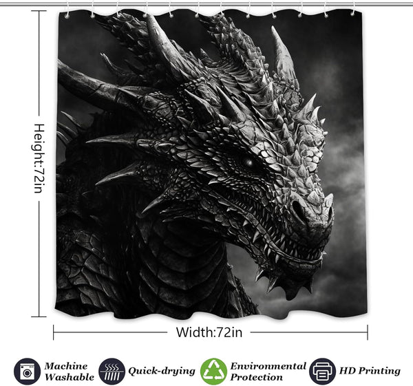 Dragon Shower Curtain for Bathroom, Black and White Boho Shower Curtain Set, Animal Fabric Modern Waterproof Bathroom Decor with 12 Hooks 72X72In